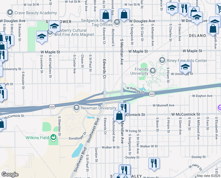 map of restaurants, bars, coffee shops, grocery stores, and more near West Kellogg Avenue in Wichita