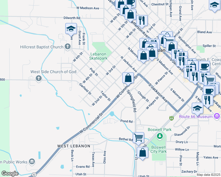 map of restaurants, bars, coffee shops, grocery stores, and more near 688 West 2nd Street in Lebanon