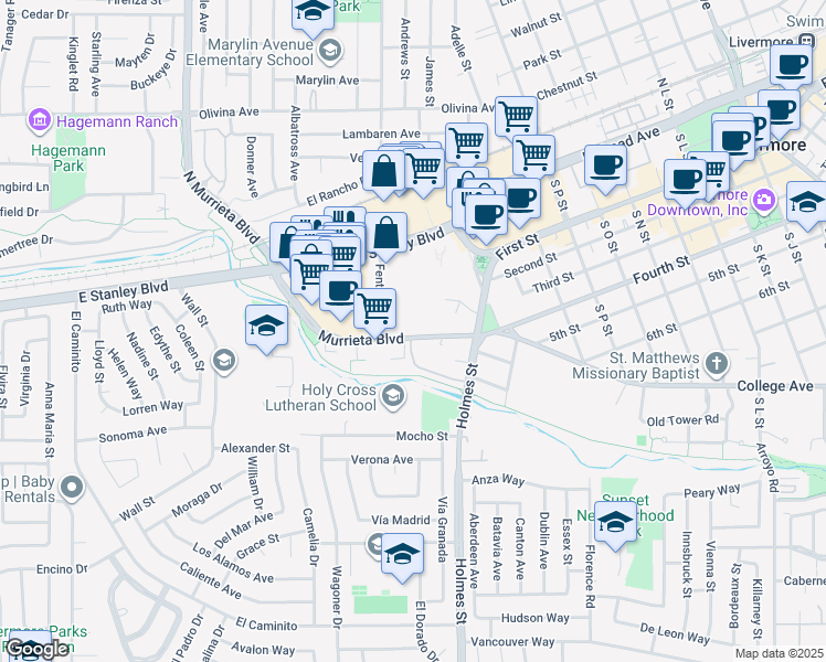 map of restaurants, bars, coffee shops, grocery stores, and more near 1085 Murrieta Boulevard in Livermore