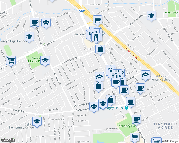 map of restaurants, bars, coffee shops, grocery stores, and more near 663 Via Mirabel in San Lorenzo