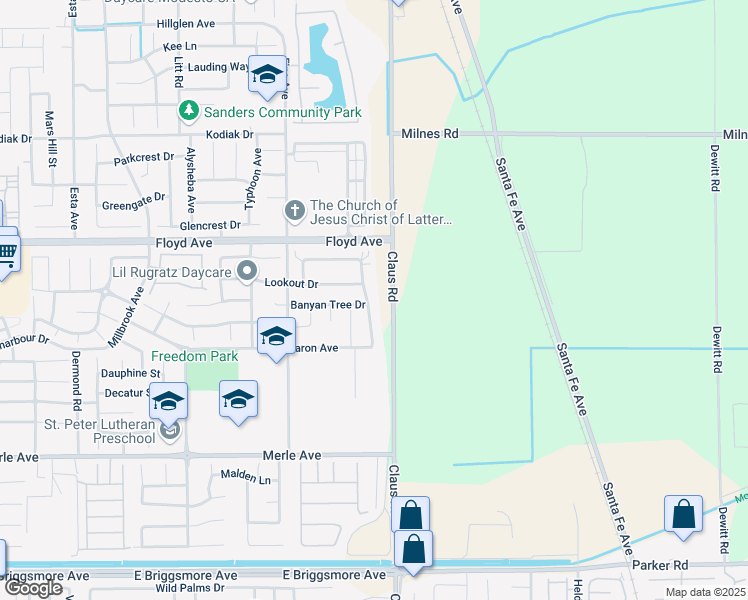 map of restaurants, bars, coffee shops, grocery stores, and more near 2301 Snowy Egret Street in Modesto