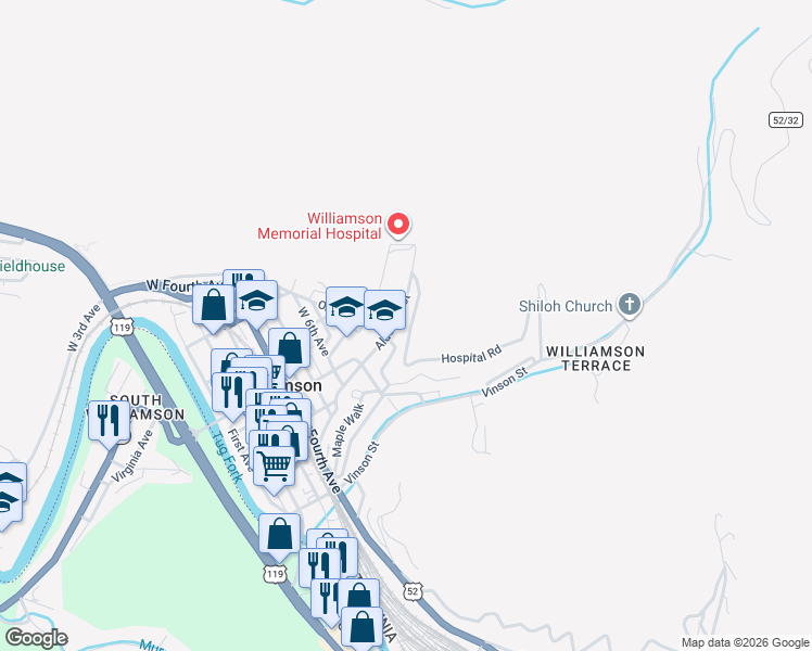 map of restaurants, bars, coffee shops, grocery stores, and more near 134-532 County Highway 52/31 in Williamson