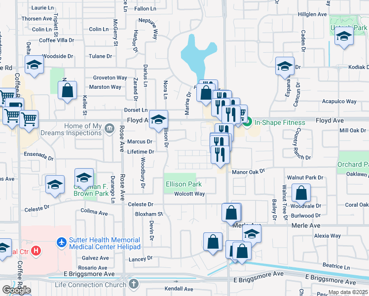 map of restaurants, bars, coffee shops, grocery stores, and more near 2212 Ellison Dr in Modesto