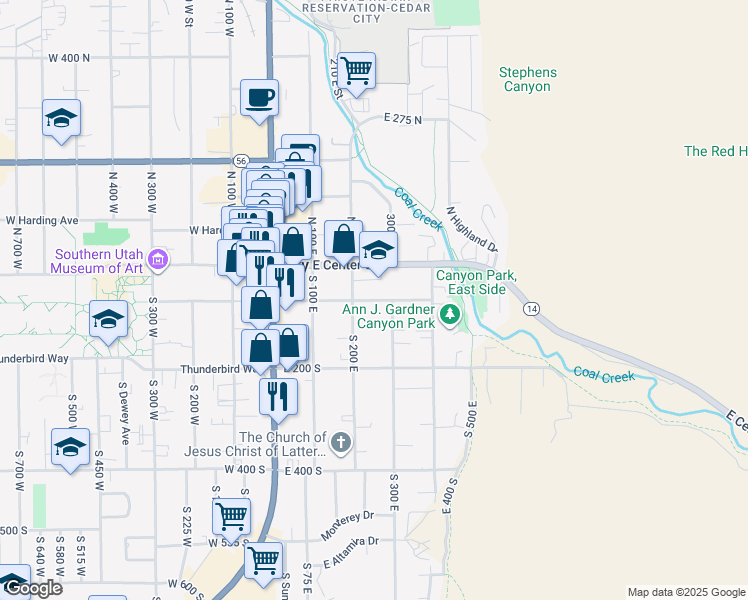 map of restaurants, bars, coffee shops, grocery stores, and more near 255 East 70 South in Cedar City