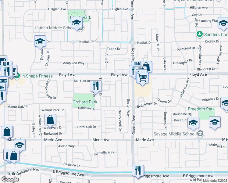 map of restaurants, bars, coffee shops, grocery stores, and more near 2304 Mountain Quail Way in Modesto