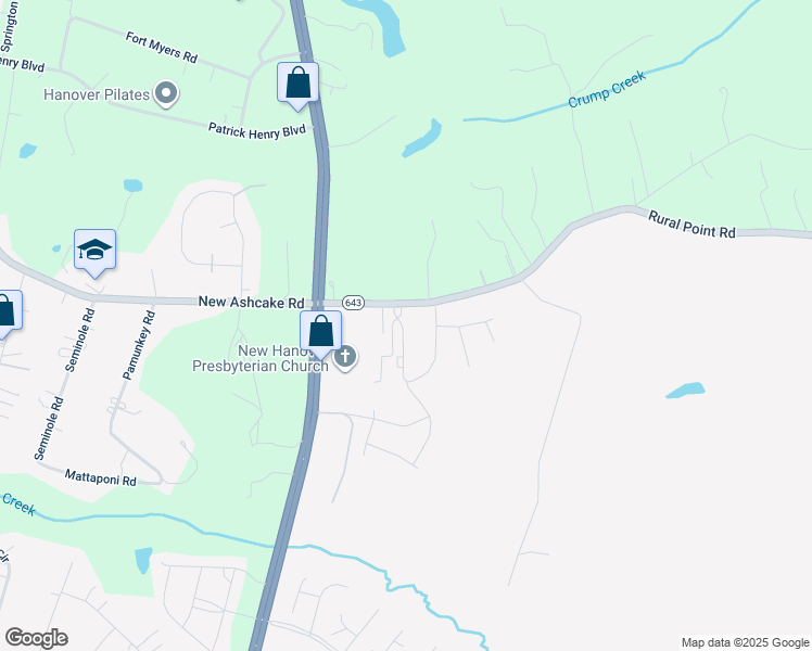 map of restaurants, bars, coffee shops, grocery stores, and more near 8125 Rural Point Road in Mechanicsville