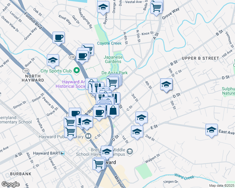 map of restaurants, bars, coffee shops, grocery stores, and more near 1217 Richard Place in Hayward