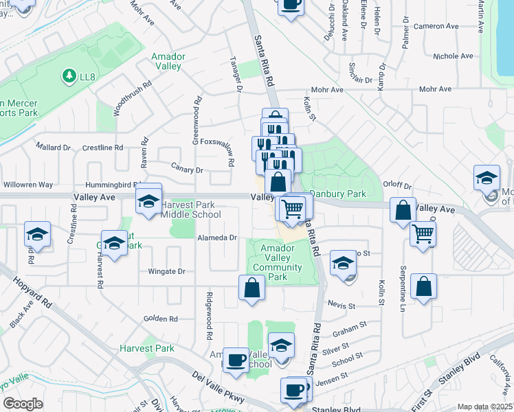 map of restaurants, bars, coffee shops, grocery stores, and more near 4320 Valley Avenue in Pleasanton