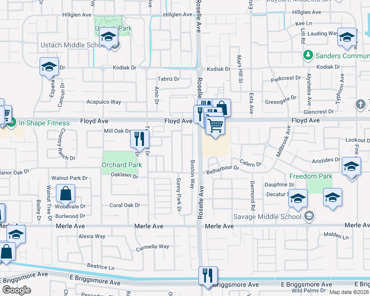 map of restaurants, bars, coffee shops, grocery stores, and more near 2301 Boston Way in Modesto