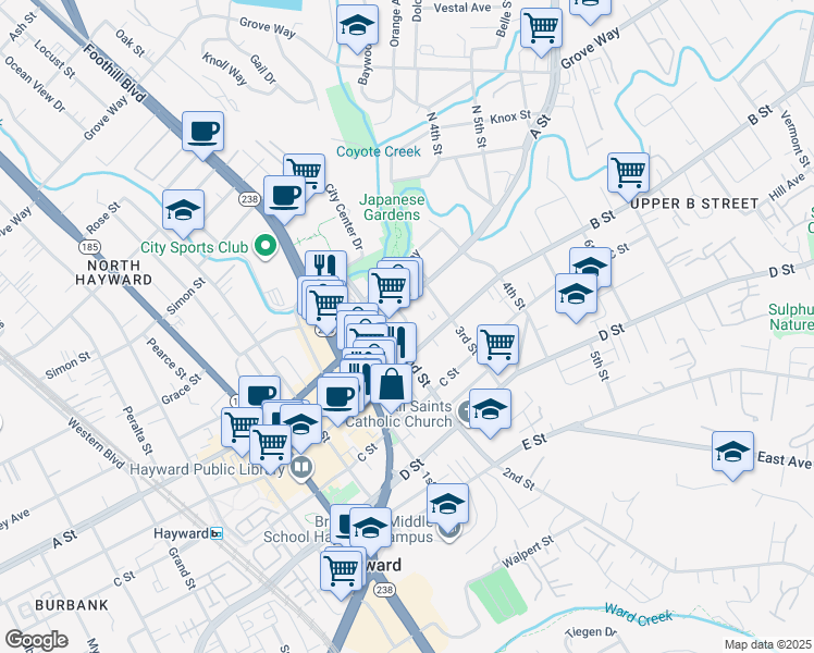 map of restaurants, bars, coffee shops, grocery stores, and more near 1217 Richard Place in Hayward