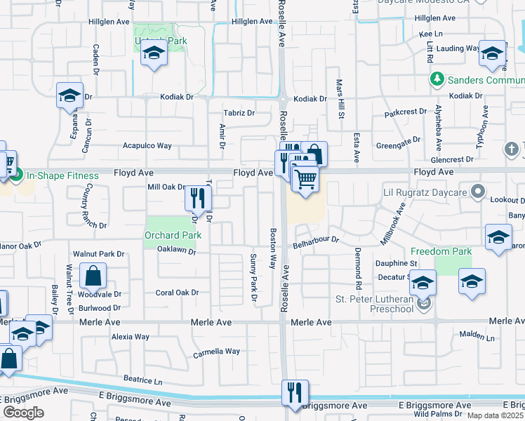map of restaurants, bars, coffee shops, grocery stores, and more near 2301 Boston Way in Modesto
