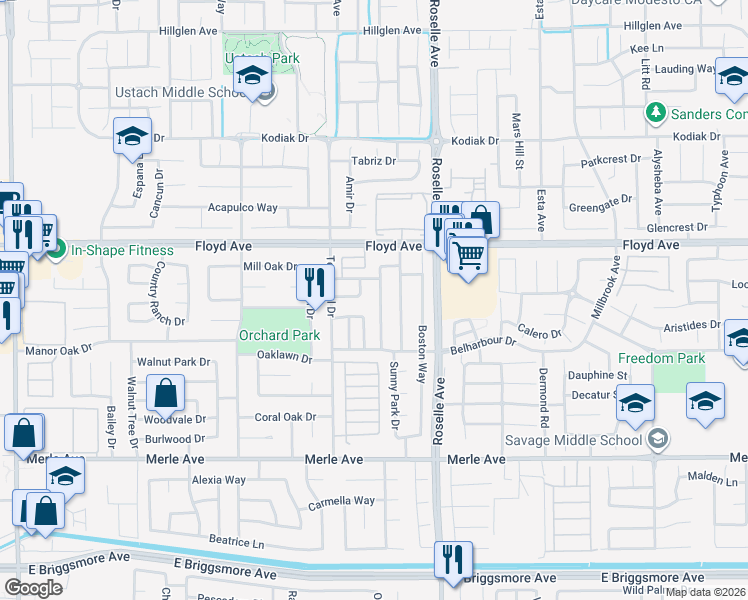 map of restaurants, bars, coffee shops, grocery stores, and more near 2304 Mountain Quail Way in Modesto