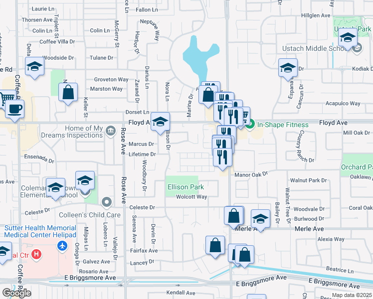 map of restaurants, bars, coffee shops, grocery stores, and more near 2212 Ellison Dr in Modesto