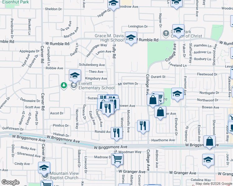 map of restaurants, bars, coffee shops, grocery stores, and more near 2212 Tully Road in Modesto