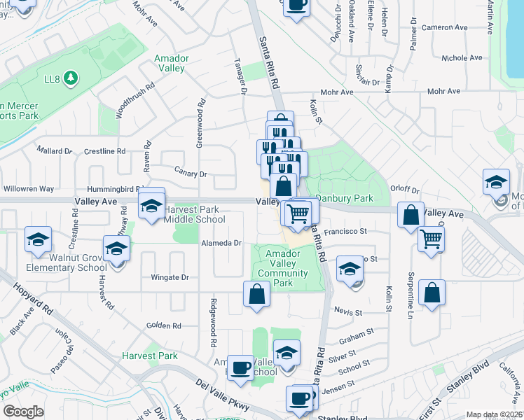 map of restaurants, bars, coffee shops, grocery stores, and more near 4320 Valley Avenue in Pleasanton