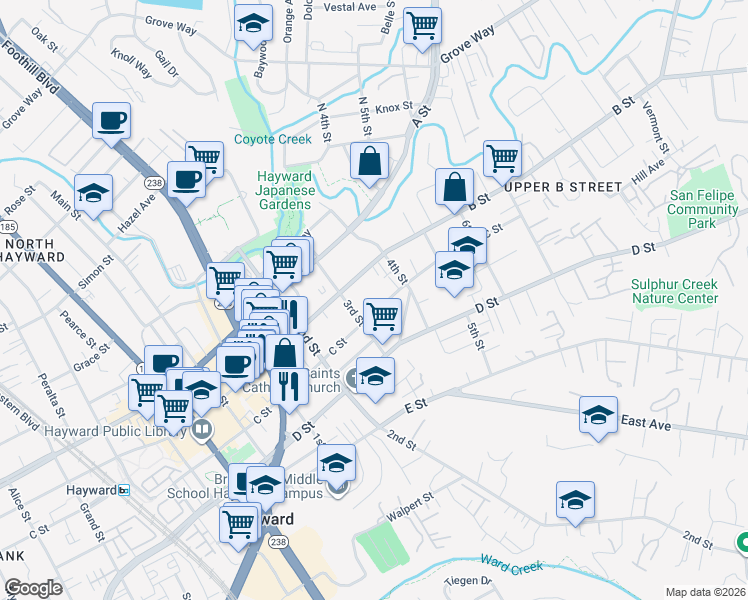 map of restaurants, bars, coffee shops, grocery stores, and more near 1327 C Street in Hayward