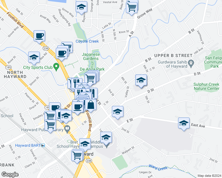 map of restaurants, bars, coffee shops, grocery stores, and more near 22645 3rd Street in Hayward