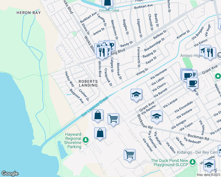 map of restaurants, bars, coffee shops, grocery stores, and more near 2179 Vía Murietta in San Lorenzo
