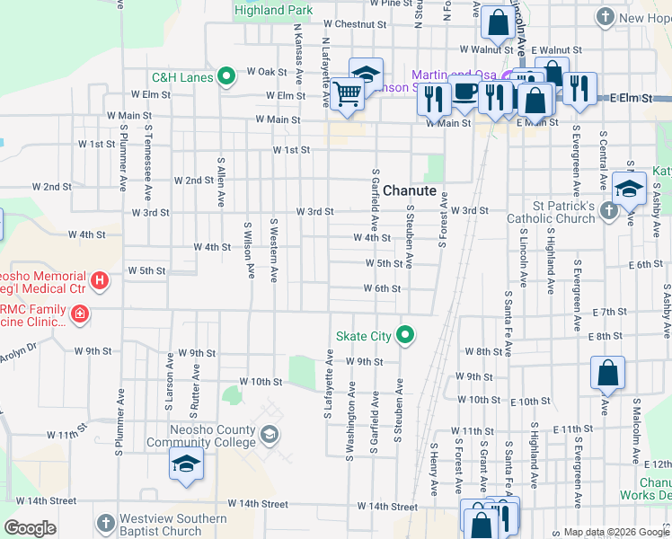 map of restaurants, bars, coffee shops, grocery stores, and more near 401-519 West 6th Street in Chanute
