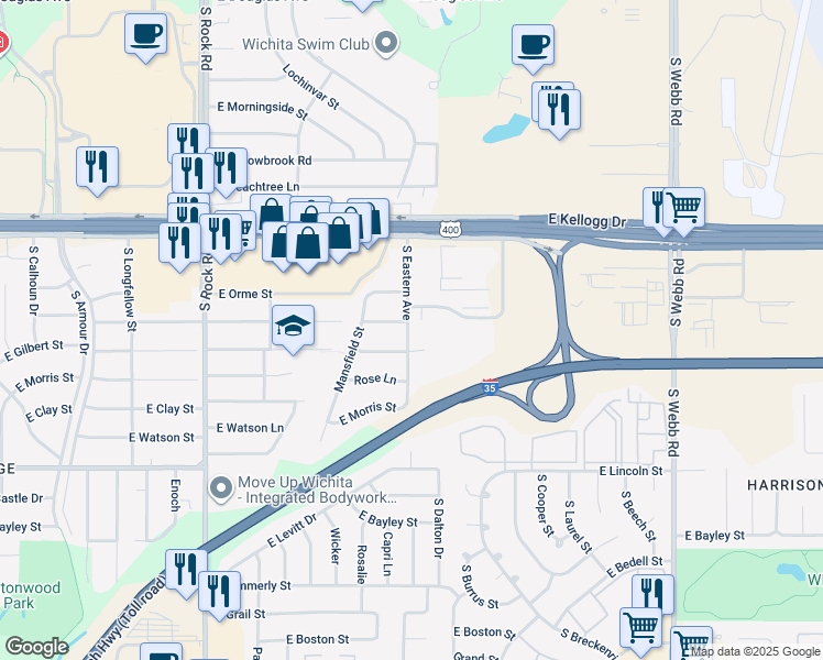 map of restaurants, bars, coffee shops, grocery stores, and more near 8417 East Gilbert Street in Wichita