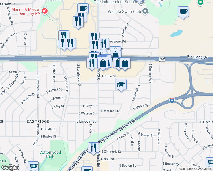 map of restaurants, bars, coffee shops, grocery stores, and more near in Wichita