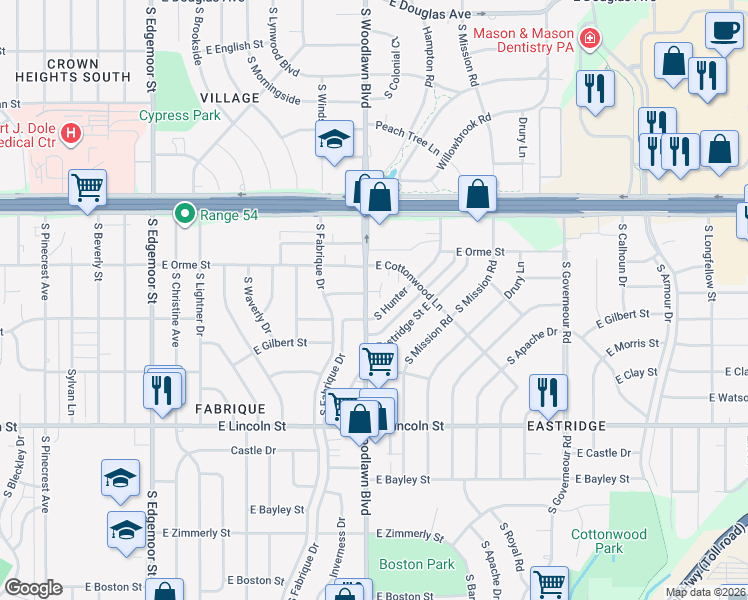 map of restaurants, bars, coffee shops, grocery stores, and more near 764 South Hunter in Wichita