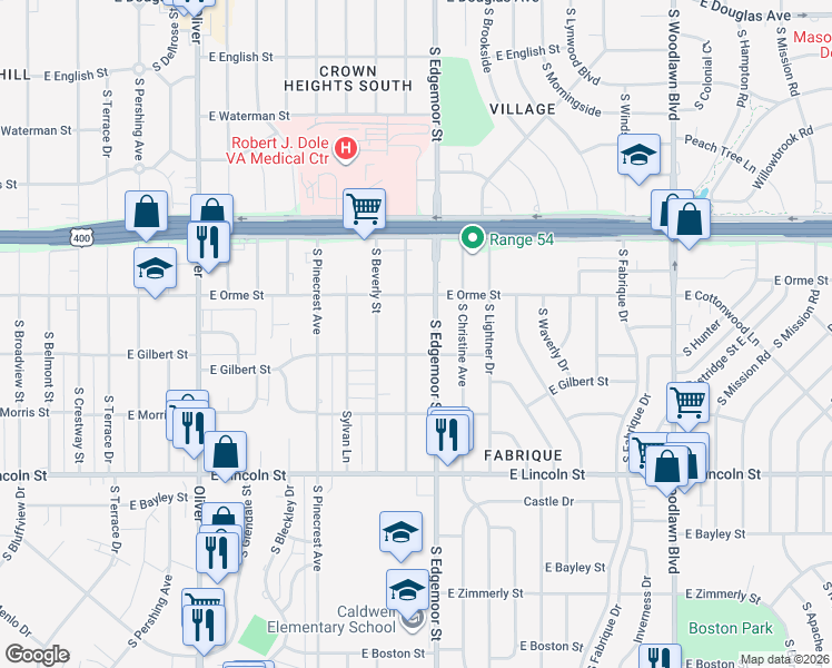 map of restaurants, bars, coffee shops, grocery stores, and more near 5499 East Gilbert Street in Wichita