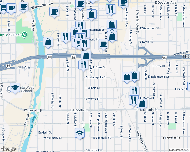 map of restaurants, bars, coffee shops, grocery stores, and more near 911 South Emporia Avenue in Wichita