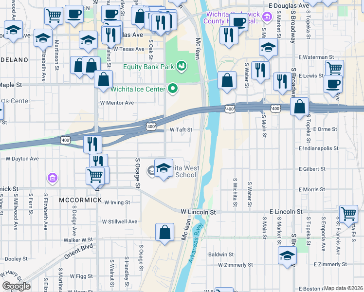 map of restaurants, bars, coffee shops, grocery stores, and more near 502 Dayton Street in Wichita