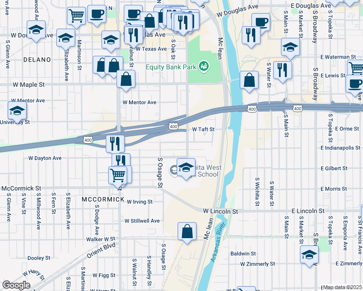 map of restaurants, bars, coffee shops, grocery stores, and more near 725 South Sycamore Street in Wichita