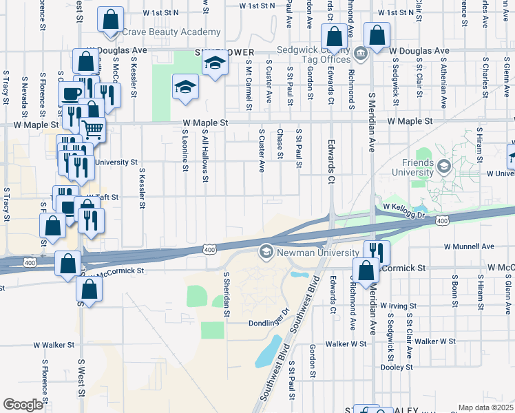 map of restaurants, bars, coffee shops, grocery stores, and more near 743 South Custer Avenue in Wichita
