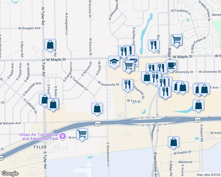 map of restaurants, bars, coffee shops, grocery stores, and more near 430 South Woodchuck in Wichita