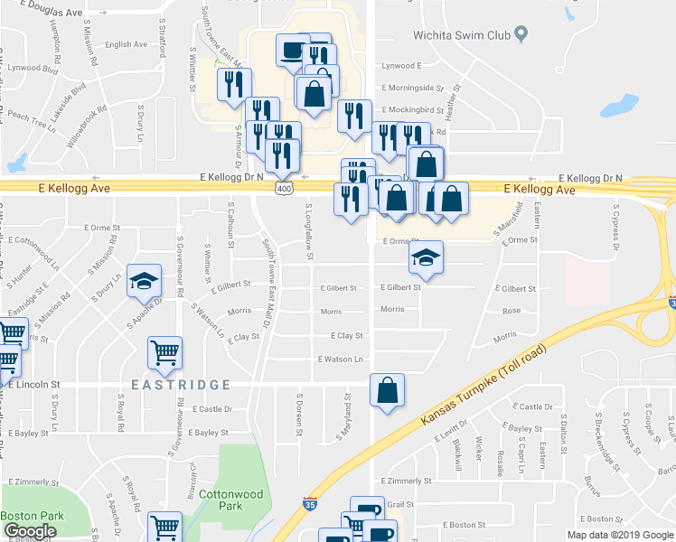 map of restaurants, bars, coffee shops, grocery stores, and more near 7809 East Indianapolis Street in Wichita