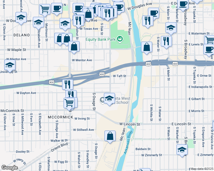 map of restaurants, bars, coffee shops, grocery stores, and more near 725 South Sycamore Street in Wichita