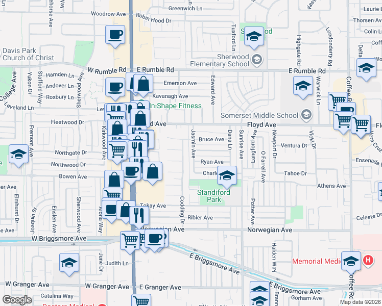 map of restaurants, bars, coffee shops, grocery stores, and more near 320 Ryan Avenue in Modesto