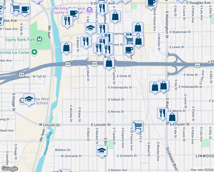 map of restaurants, bars, coffee shops, grocery stores, and more near 910 South Broadway in Wichita