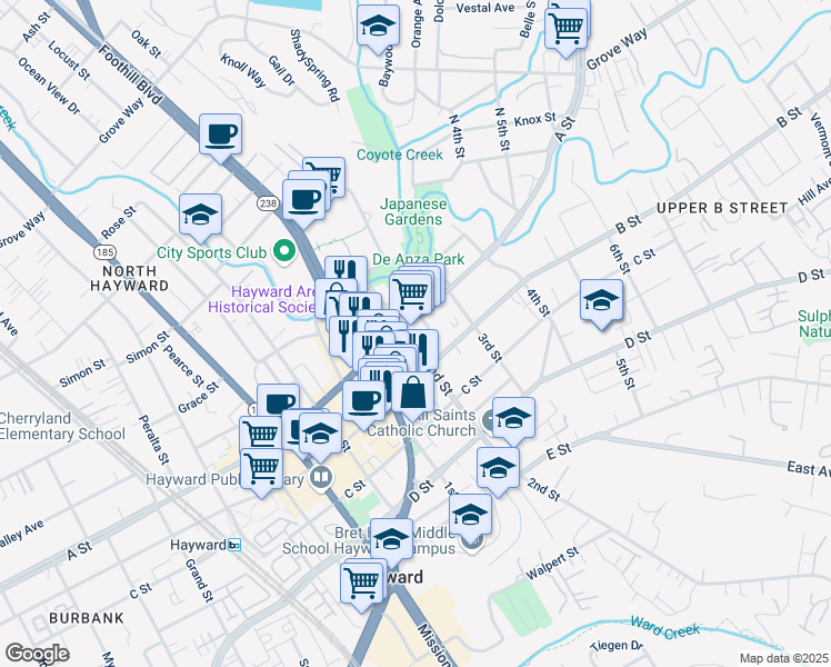 map of restaurants, bars, coffee shops, grocery stores, and more near 1201 A St in Hayward