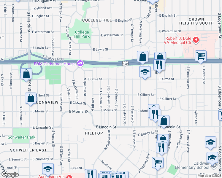 map of restaurants, bars, coffee shops, grocery stores, and more near 4211 East Gilbert Street in Wichita