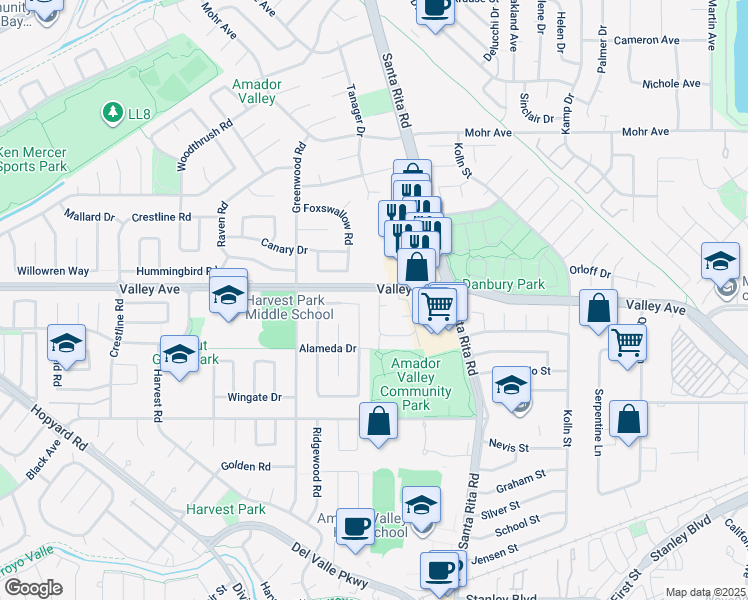 map of restaurants, bars, coffee shops, grocery stores, and more near 4374 Valley Avenue in Pleasanton
