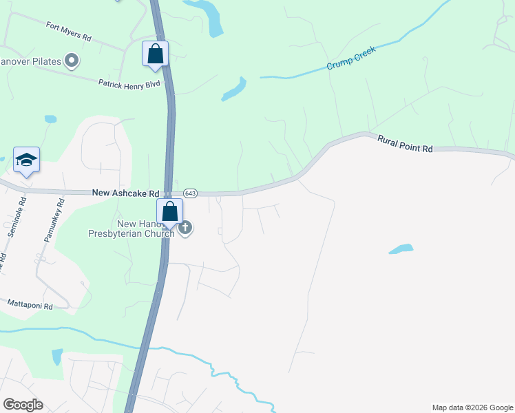 map of restaurants, bars, coffee shops, grocery stores, and more near 8088 Rural Point Road in Mechanicsville