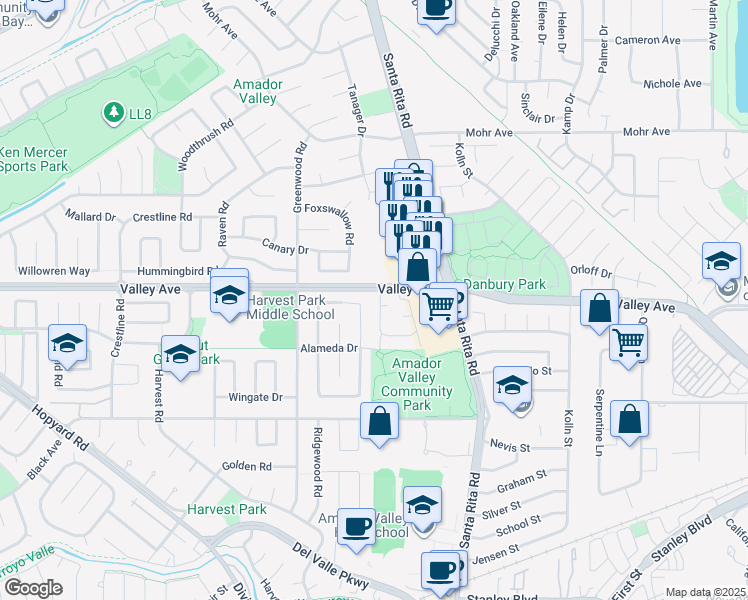 map of restaurants, bars, coffee shops, grocery stores, and more near 4374 Valley Avenue in Pleasanton