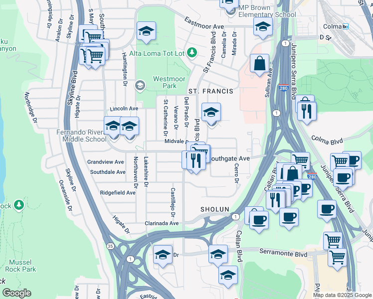 map of restaurants, bars, coffee shops, grocery stores, and more near 468 Saint Francis Boulevard in Daly City