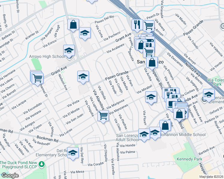 map of restaurants, bars, coffee shops, grocery stores, and more near 16043 Via Conejo in San Lorenzo