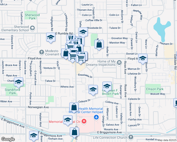 map of restaurants, bars, coffee shops, grocery stores, and more near 2401 Vera Cruz Drive in Modesto