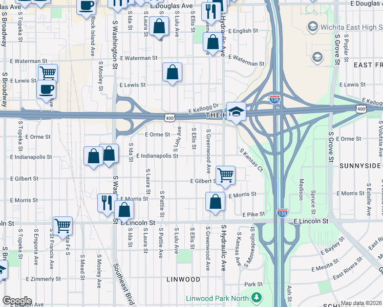 map of restaurants, bars, coffee shops, grocery stores, and more near 615 Ellis South in Wichita