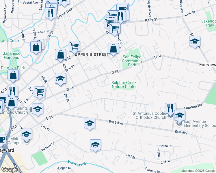 map of restaurants, bars, coffee shops, grocery stores, and more near 1791 Antelope Court in Hayward