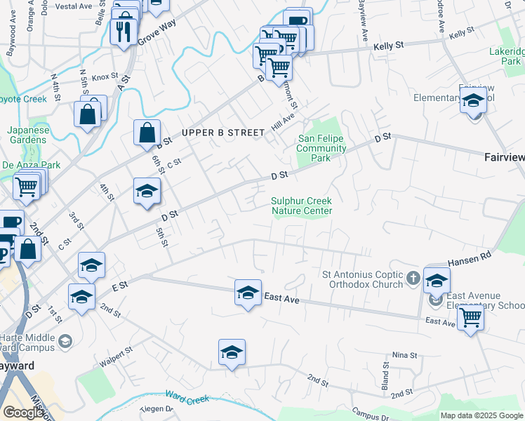 map of restaurants, bars, coffee shops, grocery stores, and more near 1775 Panda Way in Hayward