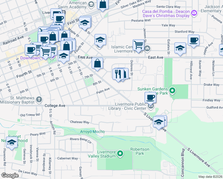 map of restaurants, bars, coffee shops, grocery stores, and more near 905 South Livermore Avenue in Livermore