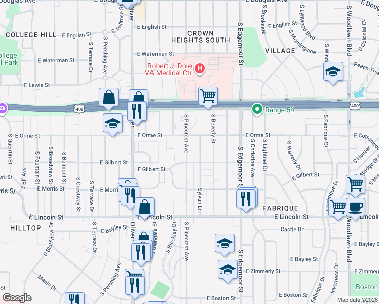 map of restaurants, bars, coffee shops, grocery stores, and more near 611 Sylvan Lane in Wichita