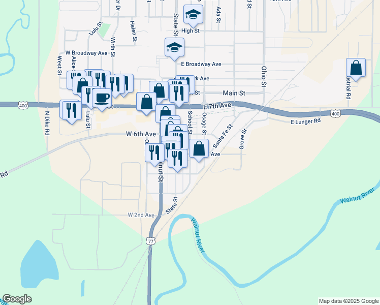 map of restaurants, bars, coffee shops, grocery stores, and more near 519 School Street in Augusta